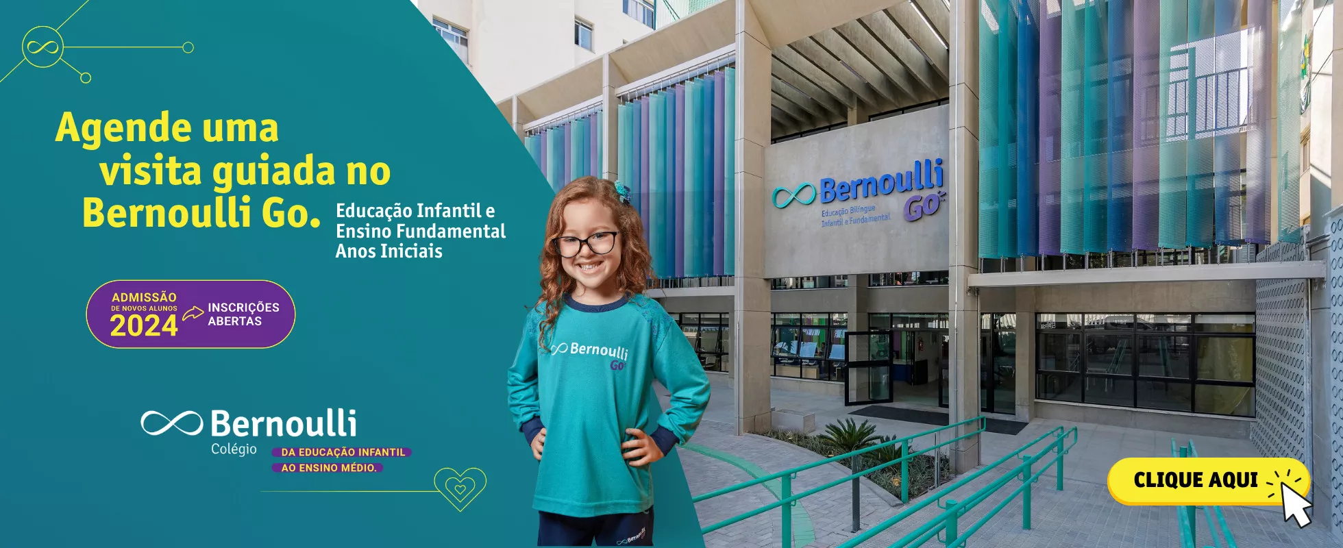 Banner com foto de um aluno e a fachada do Colégio para divulgar a visita guiada no Bernoulli Go. Clique para agendar.