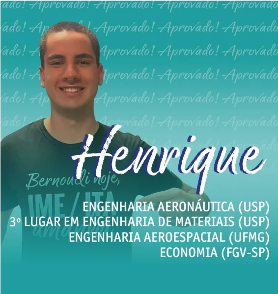 Estudante do Bernoulli aprovado na faculdade de engenharia.