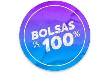 Selo azul com a frase "Bolsas de até 100%"