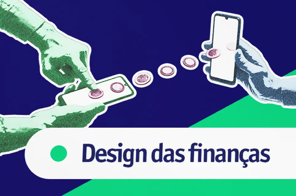 Mão ilustrada, verde, segurando um celular na mão passando dinheiro para um outro celular, segurado por mão cinza