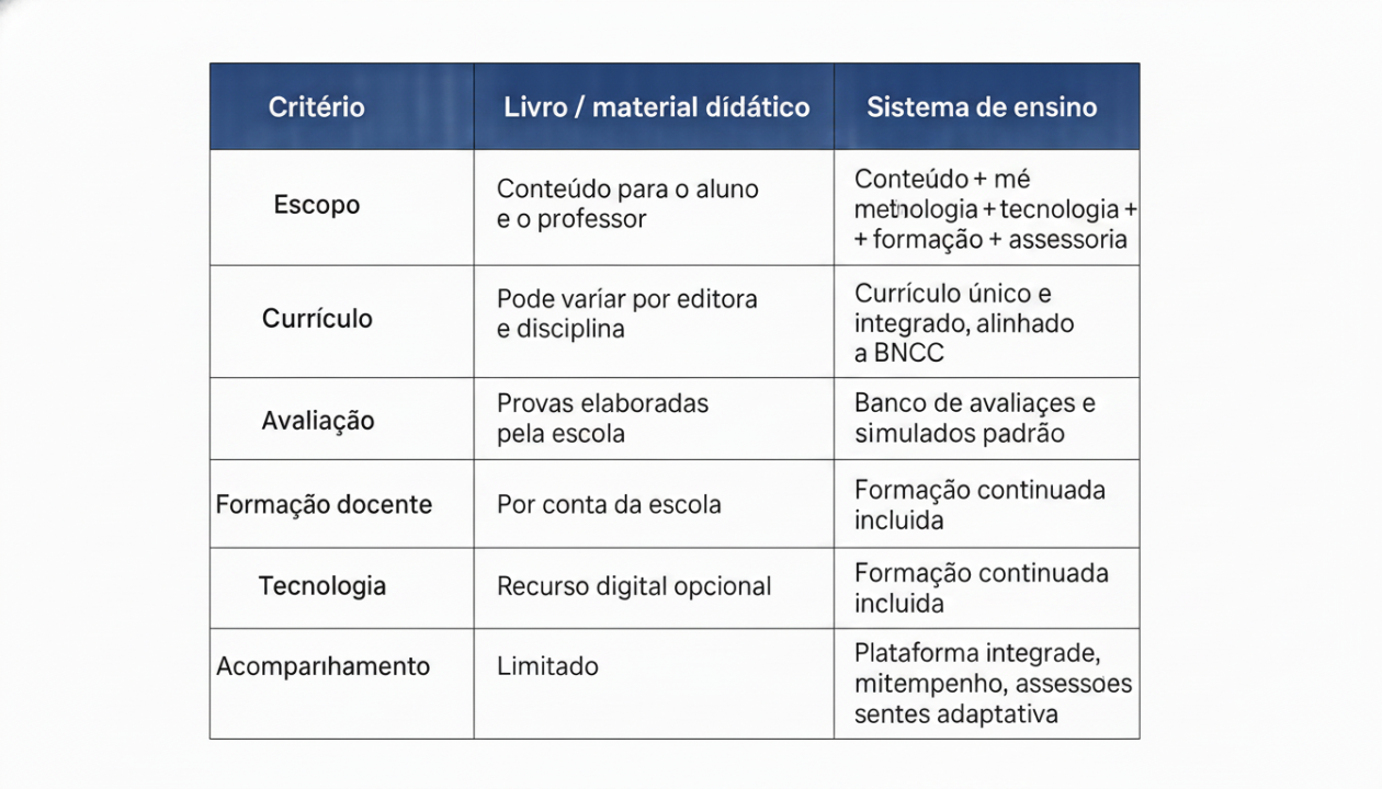 Quadro comparativo: sistema de ensino completo x livro/material didático, analisados por critérios.